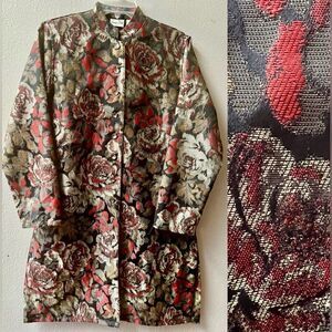 CHICOS RED & PLATNIUM METALIC FLORAL NEHRU JACKET MADE IN INDIA SIZE S